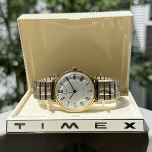 Vintage 70’s Timex Marlin Windup Wrist Watch Gold Tone Roman Numerals with Box